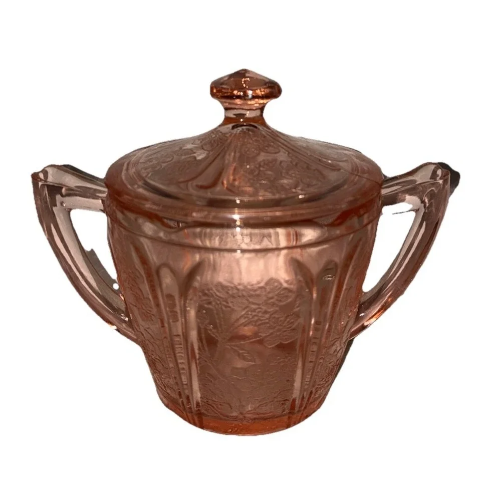 Jeannette Covered Sugar Bowl Depression Glass Cherry Blossom Pink 1930s Vintage‎